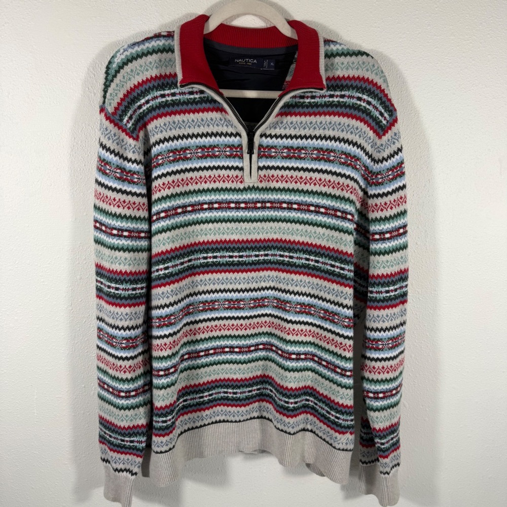 Nautica Mens Fair Isle Sweater 1/4 Zip Pullover Knit Red Blue‎ Green XL